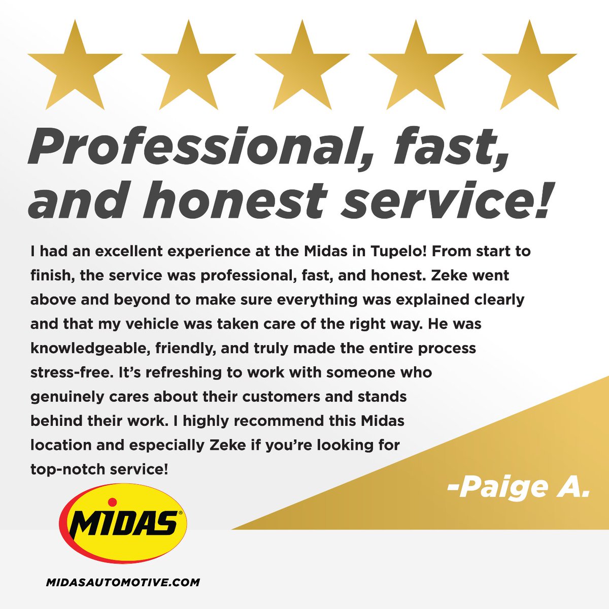 Our Customers Say It Best ⭐⭐⭐⭐⭐
A huge thank you to the wonderful customer featured in this post for their 5-star feedback. Hearing about your great experience makes our day and motivates our entire team!

Visit Midas: midasautomotive.com