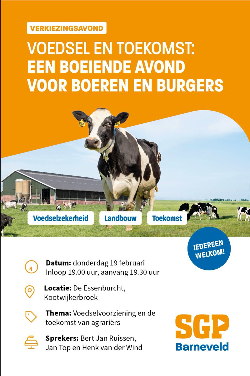 VERKIEZINGSBIJEENKOMST | Van harte welkom op de eerste verkiezingsavond van SGP Barneveld! 
Een boeiende avond over voedselvoorziening en de toekomst van agrariërs.
Sprekers: Bert-Jan Ruissen, Henk van der Wind en Jan Top.

<a href="/JanTop5/">Jan Top</a> <a href="/hjaruissen/">Bert-Jan Ruissen (SGP EP)</a> 
#SGP #zekerwonen #GR2026