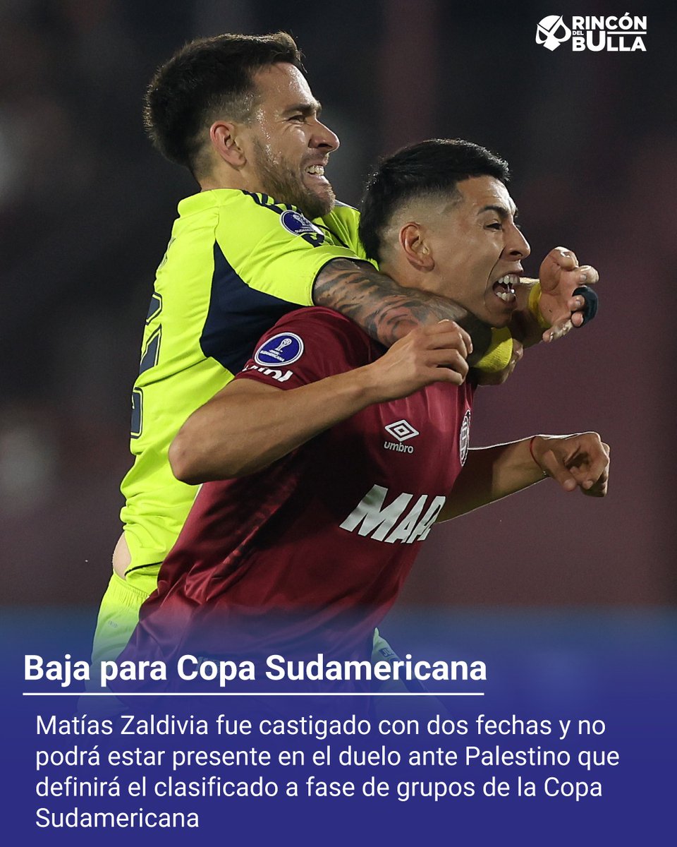 La U recibe la mala noticia de que no podrá contar con Matías Zaldivia en Sudamericana, ya que fue suspendido con dos fechas luego de recibir tarjeta roja ante Lanús el 2025.

Pero eso no es todo, porque el defensa también fue multado con 4.000 dólares por la CONMEBOL.