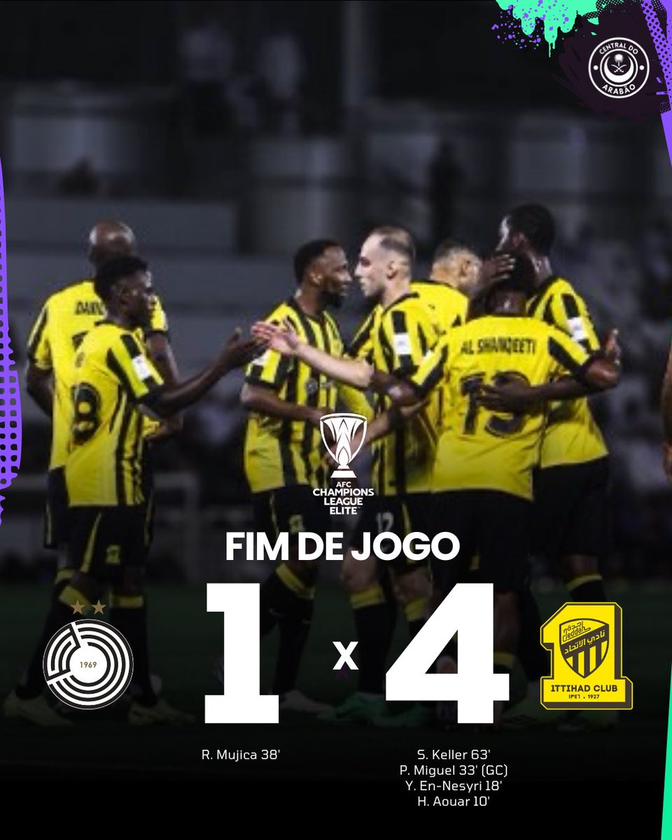 ⏱️ 𝐅𝐈𝐌 𝐃𝐄 𝐉𝐎𝐆𝐎

Fora de casa, o Ittihad atropela o Al Sadd e encerra primeira fase da ACLE com vitória.

🇶🇦 Al Sadd 1x4 Al Ittihad 🇸🇦

⚽ Mujica (Firmino)

⚽ Aouar 
⚽️ Nesyri (Doumbia)
⚽️ P. Miguel (contra)
⚽️ Keller (Kadesh)