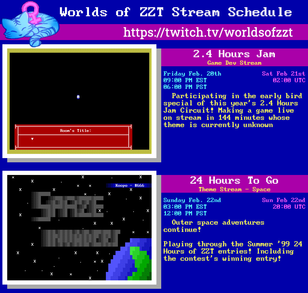 worldsofzzt's tweet photo. Presenting our schedule for this week. Watch along with us at https://t.co/Z7EwNwboP8 for some live ZZT gamedev , the winner of the Summer 1999 24 Hours of ZZT competition, and more! #stream_schedule #zzt https://t.co/wE1IZucNHy