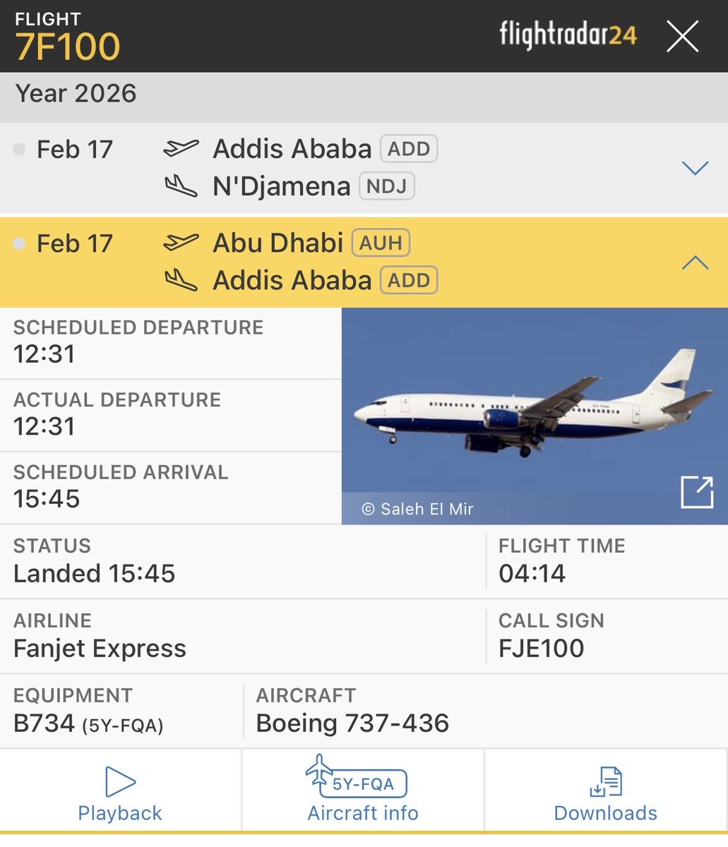 🇦🇪🚨 UAE plane 5Y-FQA (previously used to ferry Colombian mercenaries to RSF in Sudan) today landed at Bole Airport 🇪🇹 direct from Abu Dhabi’s Al Reef Airbase.
Mercenaries inbound for the coming war? #TigrayGenocide #UAE #Ethiopia