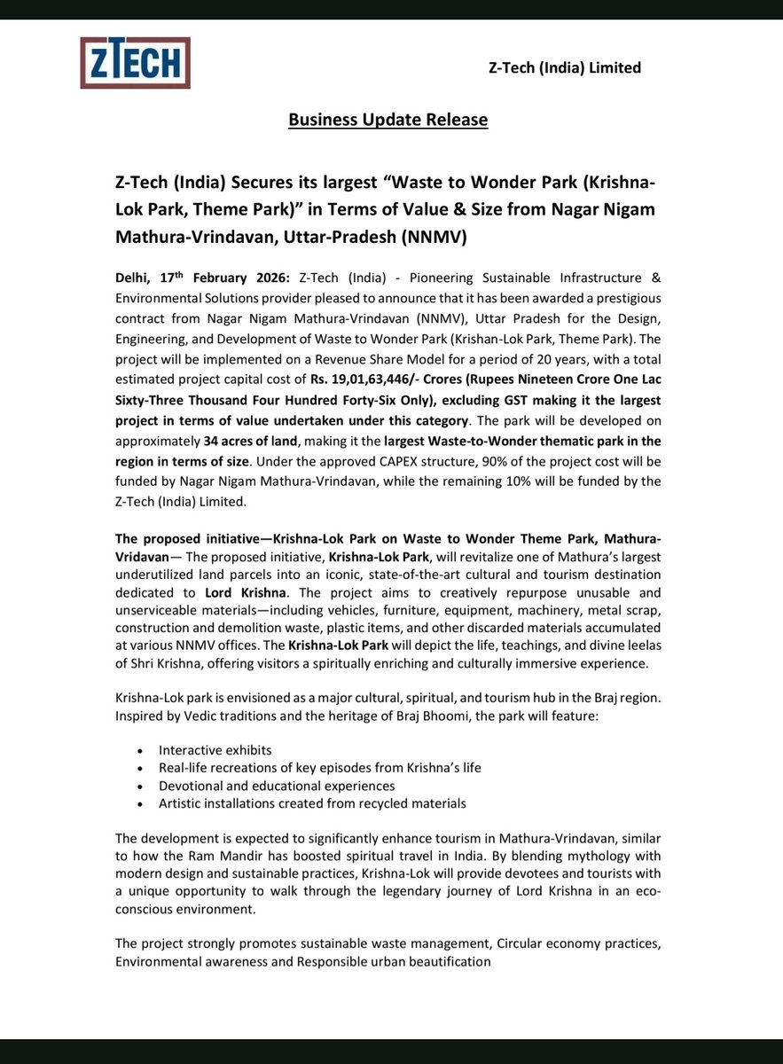 alphaaInvestor's tweet image. 🚨 Big Order Win for Z-Tech Ltd
Secures its largest “Waste to Wonder – Krishna Lok Park” project from UP.

🔹₹19.01 Cr project (ex-GST)
🔹20-year revenue share model
🔹~34 acres development
🔹90% CAPEX funded by authority

Asset-light + long-term revenue visibility ♻️🛕

#Ztech