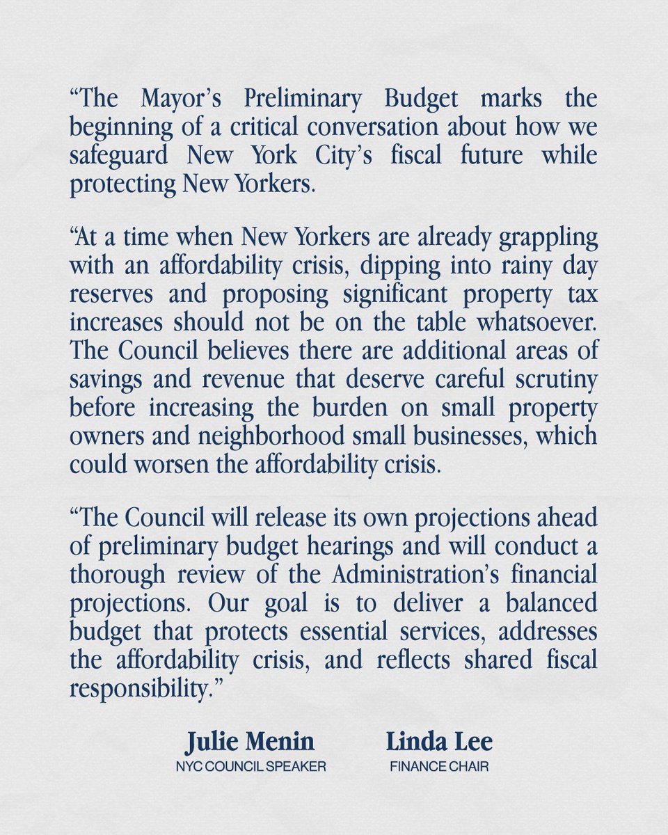 NYCCouncil's tweet photo. The Mayor’s Preliminary Budget begins an important conversation about NYC’s fiscal future.

The Council will release its own projections and closely review the Administration's plan to deliver a balanced budget that protects essential services and addresses affordability. https://t.co/wxB83iTW8J