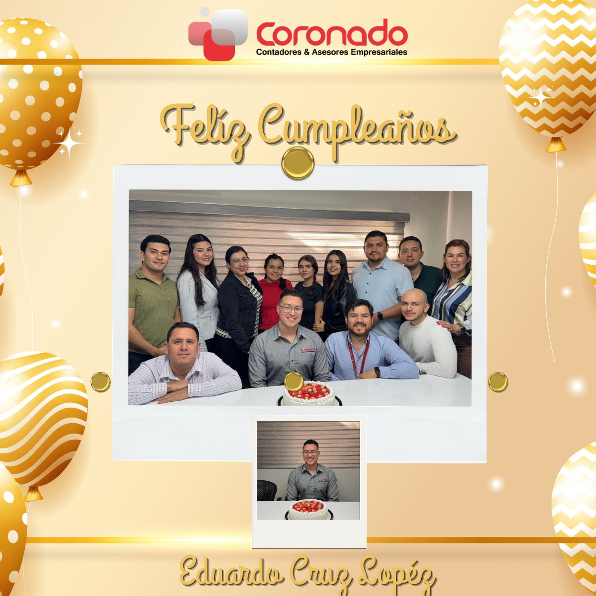 CoronadoConta's tweet photo. ¡Feliz cumpleaños a Eduardo Cruz López! 🎉🎂 Un gran contador de Coronado Contadores Asesores Empresariales. 

Que este nuevo año de vida esté lleno de éxito, alegría y muchas bendiciones. 
¡Celebremos su día! 🥳

 #FelizCumpleaños #Contador #Éxito #CoronadoContadores https://t.co/Qvxl15DQWh