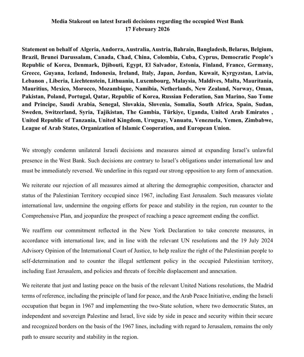 Palestine_UN's tweet image. A statement on behalf of 85 States and a number of international organizations condemning Israel’s unilateral measures and policies in the occupied West Bank and rejecting annexation👇🏼