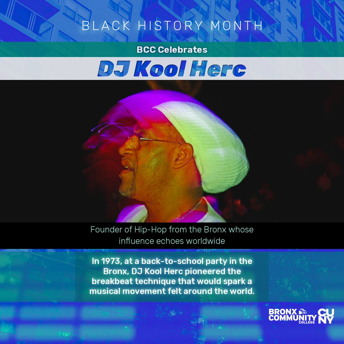 BCCcuny's tweet image. Hip‑hop started in the Bronx. DJ Kool Herc’s 1973 back‑to‑school party and his breakbeat innovation launched a global movement—proof of how creativity and technical skill can reshape culture.
#BCCProud #bcccuny #RedefineWhatsPossible #BlackHistoryMonth #BCCBlackHistoryMonth @CUNY