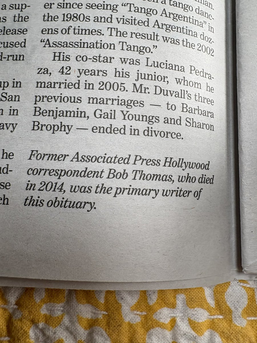 Obituaries for prominent figures are prepared years in advance and in Robert Duvall’s case, was written by a writer who himself died 14 years ago. AP gave him credit - rightfully- in the obit
