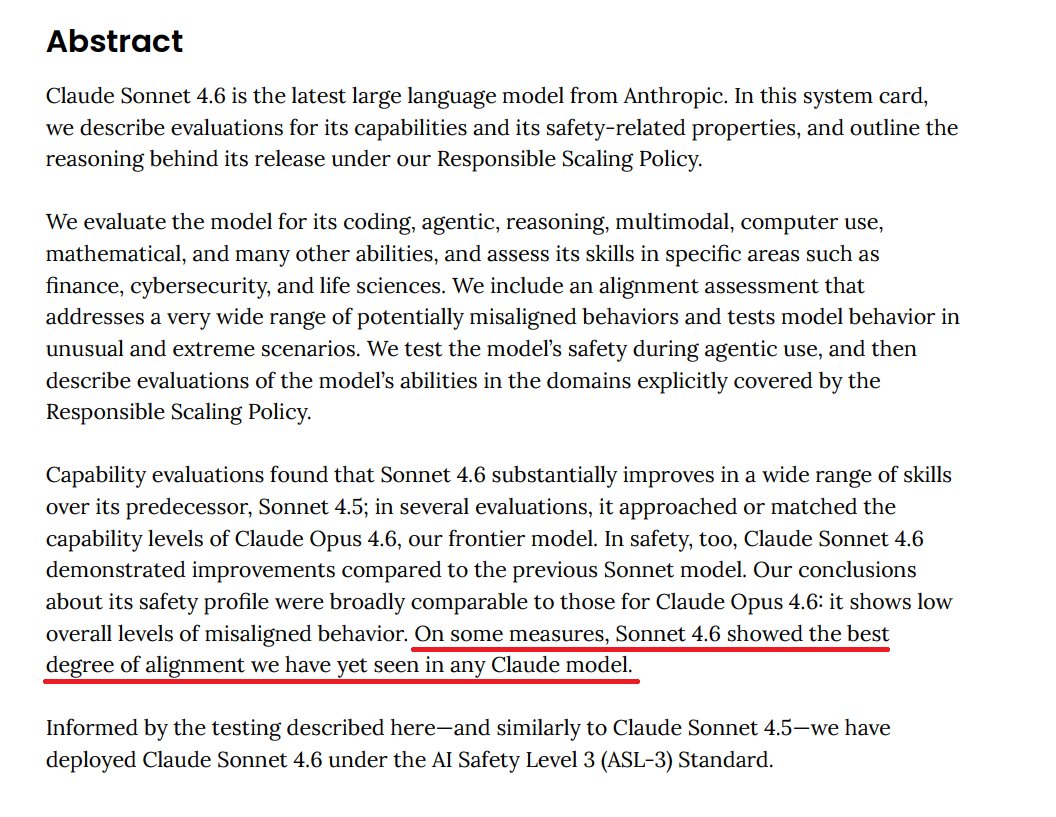 "On some measures, Sonnet 4.6 showed the best degree of alignment we have yet seen in any Claude model."
So it's aligned enough that we can have partial assistant prefill back? Right? No?
Miss me with this shit then.