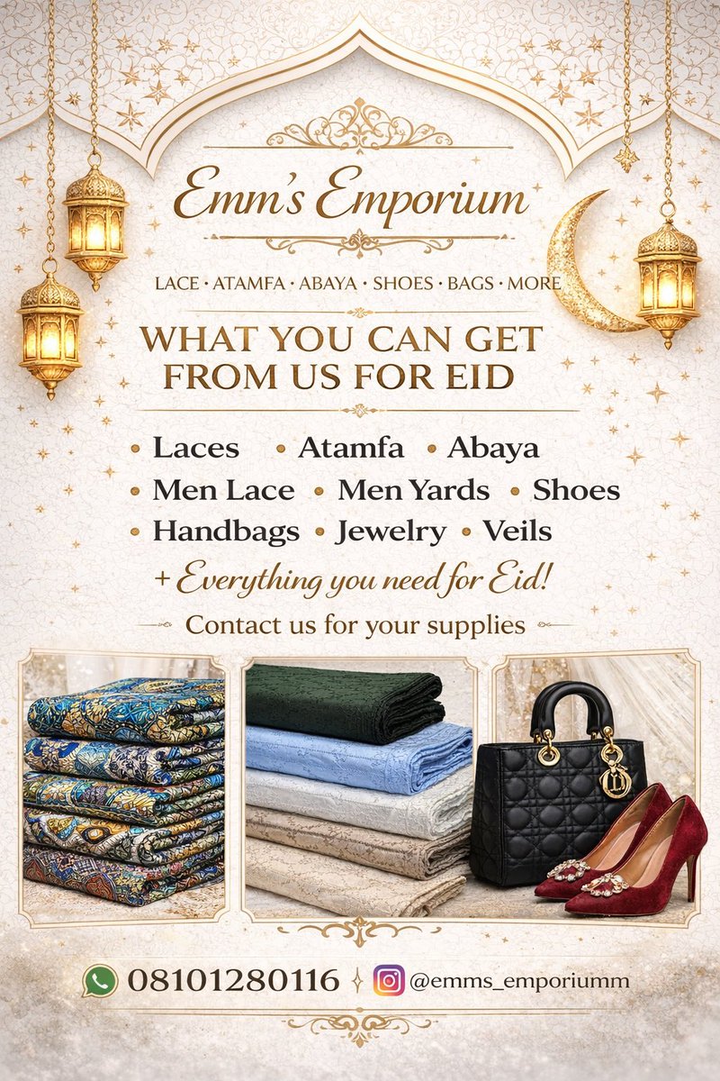 Eid is almost here… and we’re ready for you 🤍✨

Whether it’s regal lace, rich atamfa, stunning abayas, premium men fabrics, or the perfect shoes and bag.
<a href="/emms_emporium/">Emms_Emporium</a> has you covered.

Let’s dress you for a memorable Eid.