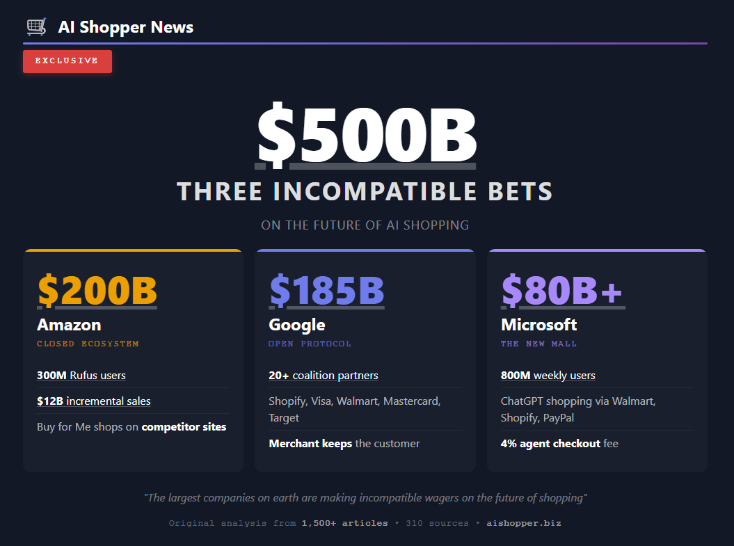 fredsko's tweet photo. $500 billion.
Three incompatible bets on the future of shopping.
Amazon: $200B. Closed ecosystem.
Google: $185B. Open protocol.
Microsoft: $80B+. The new AI mall.

#AICommerce #RetailTech #AgenticCommerce #ProtocolWars #Ecommerce2026 https://t.co/gqr13otBuz