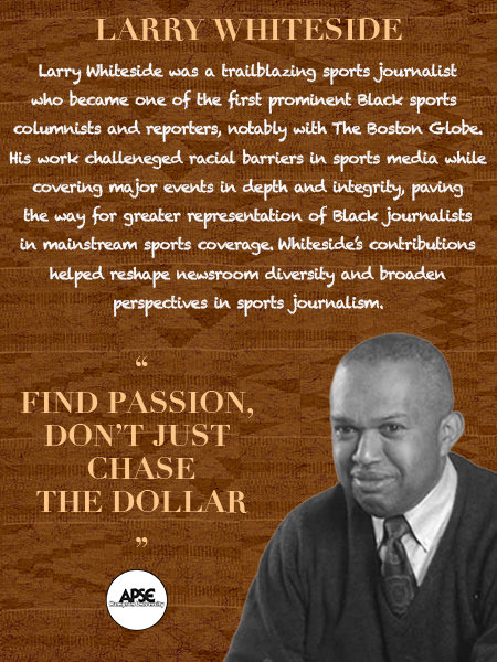apse_hamptonu's tweet photo. 100 Years of Black History and Counting!

HUAPSE is celebrating Black History Month by spotlighting outstanding individuals in sports journalism:

Larry Whiteside | 1937-2007 | @BostonGlobe
Pam Oliver | 1961-present | @FOXSports
Stuart Scott | 1965-2015 | @espn https://t.co/yXVfoSxPij