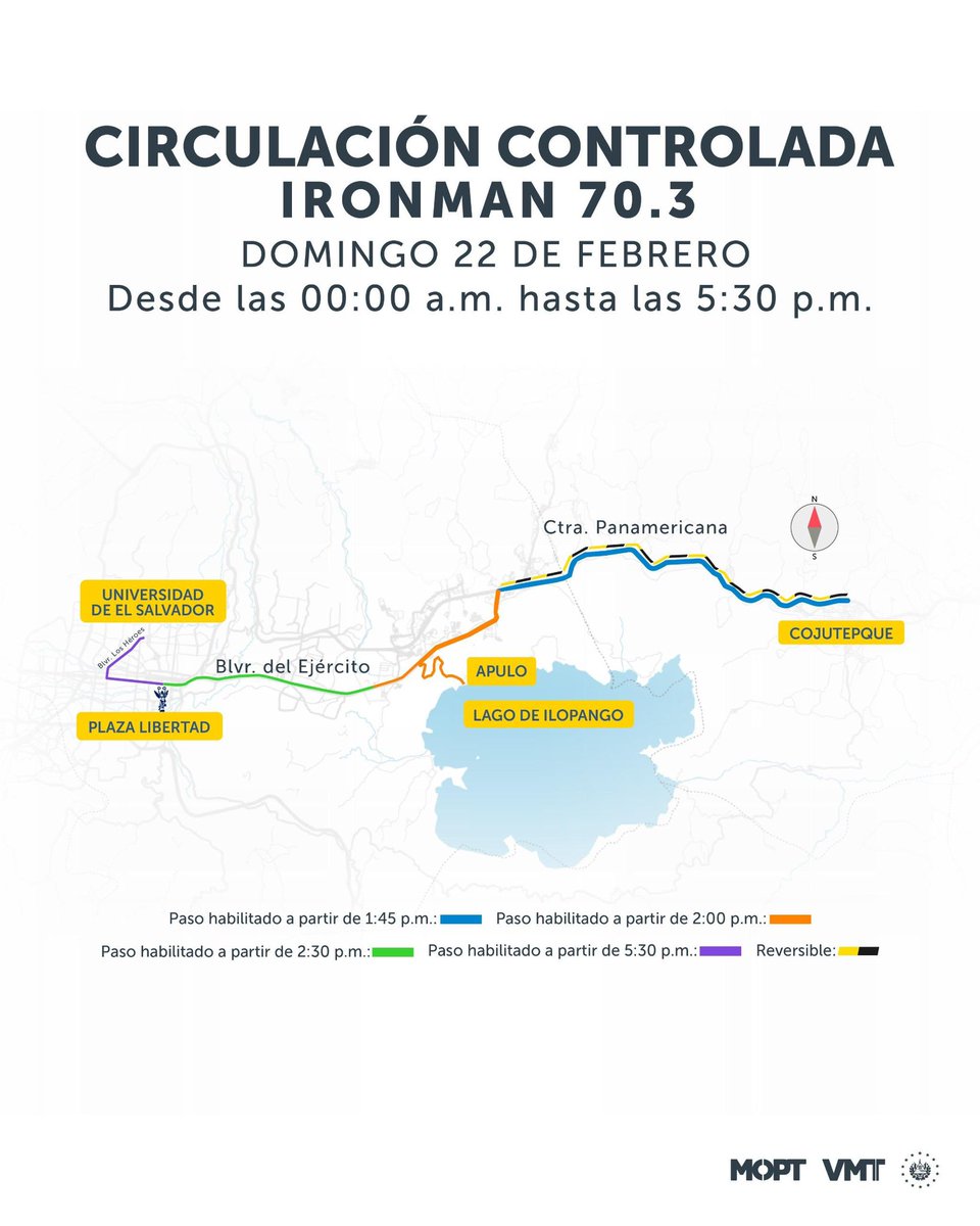 VMTElSalvador's tweet photo. “El cierre inicia a las 00:00 a.m. del domingo 22 de febrero y finalizará de manera escalonada en los tramos de carretera. El primer segmento que se liberará alrededor de la 1:45 p.m. es el tramo entre Cojutepeque y el desvío al bulevar del Ejército. El segundo tramo se liberará cerca de las 2:00 p.m. en lo que comprende entre el derivador del bulevar del Ejército y la zona del aeropuerto. El bulevar del Ejército se espera que esté totalmente liberado a las 2:30 p.m. Se contará con carril reversible en la ctra. Panamericana y bulevar del Ejército”, viceministro @NelsonReyesSV.