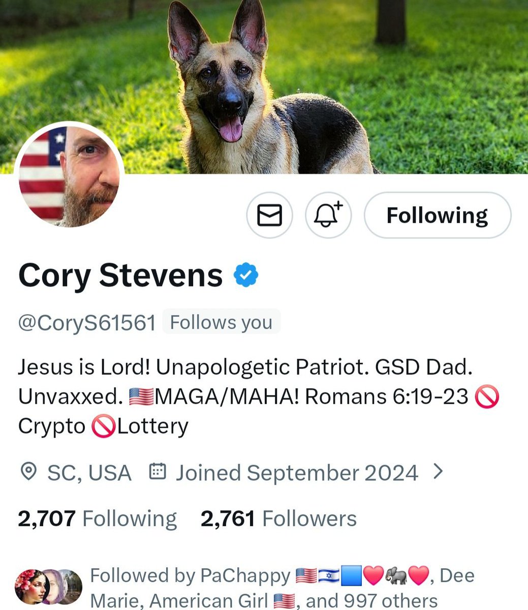 Hello friends ❤️ 

Do you Cory? He is my brother in Christ, a Dog Dad, and an American first Patriot! Do you need to know anything else? Let's show him some love <a href="/CoryS61561/">Cory Stevens</a> 👇🏻