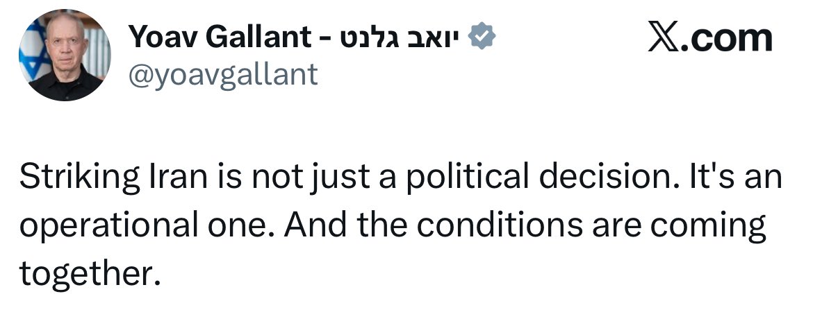 Worldsource24's tweet photo. Former Minister of Defense of Israel Yoav Gallant: Striking Iran is not just a political decision. It's an operational one. And the conditions are coming together. https://t.co/F3s4ZX3M3R