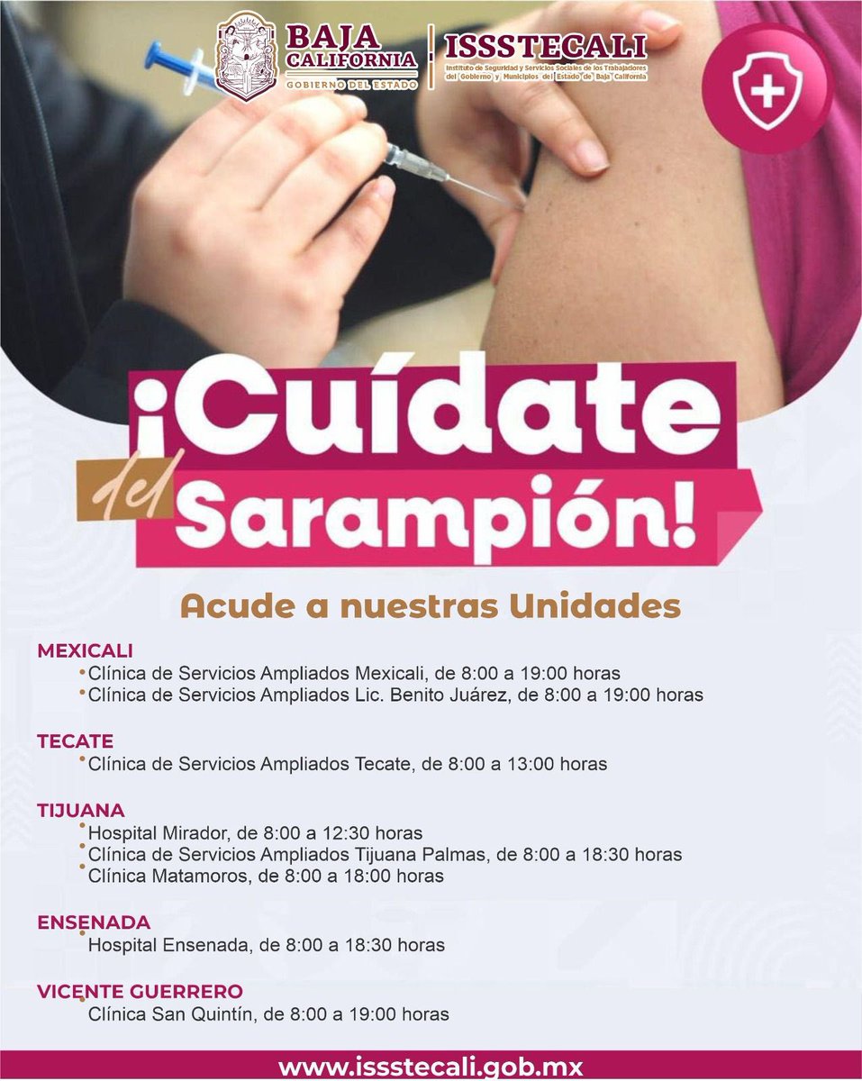 ¡Protege a ti y a tus seres queridos del sarampión! 

Asegúrate de estar al día con tus vacunas y toma medidas para prevenir el contagio. ¡La prevención es la mejor medicina! 💉

#issstecali #vacunación