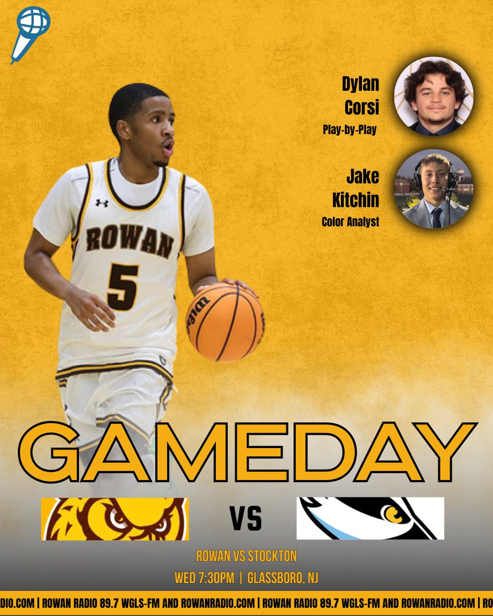 WGLSSports's tweet photo. GAMEDAY!

@RowanMBB takes on Stockton in the regular season finale tonight at 7:30pm!

PBP: Dylan Corsi

Color: Jake Kitchin

Producing: Seth Fassano and @NicholasMa03

Live on Rowan Radio 89.7 WLGS-FM and https://t.co/DaHAVxDLHc Channel 1! #ProfNation https://t.co/mPN80QFQcu