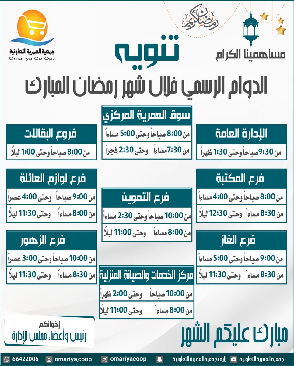 مساهمينا الكرام

مواعيد الدوام الرسمي 
لكافة مواقع الجمعية
طوال شهر رمضان المبارك

#مبارك_عليكم_الشهر🌙❤️

إخوانكم
رئيس وأعضاء مجلس إدارة #جمعية_العمرية