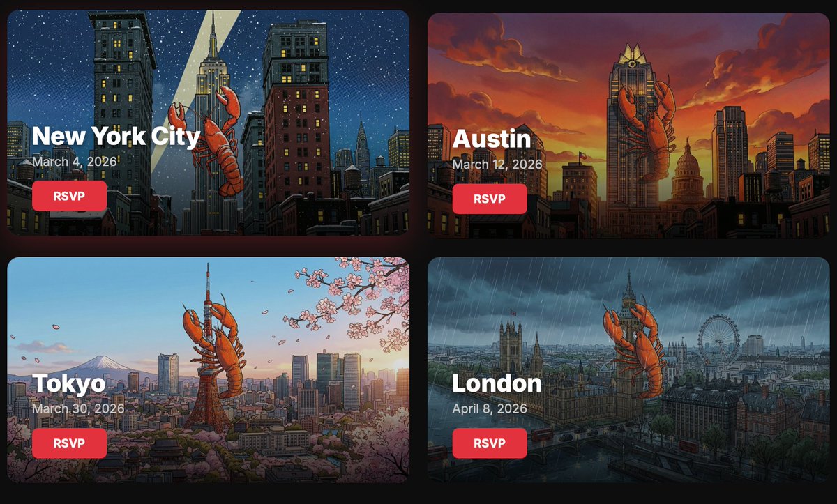 🦞 ClawCon is going on a world tour! 🦀

It's a free, open-to-anyone gathering with quick demos, food, drinks, and a chance for irl conversations with other humans of the <a href="/openclaw/">OpenClaw🦞</a> community.

What started in San Francisco is now hitting New York, Austin, Tokyo, and London over