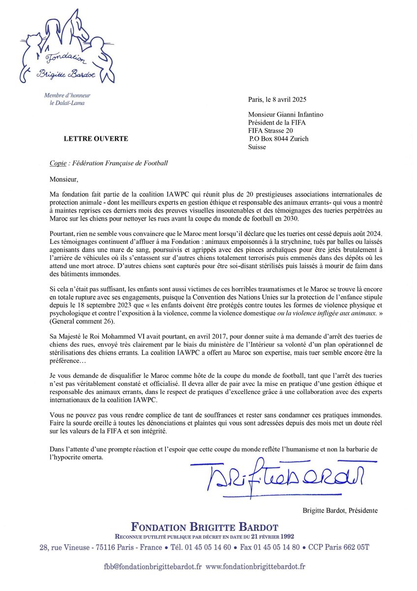 JeanneMasNews's tweet photo. @realMaalouf Cher ami, le monde n'est pas resté silencieux. Madame Brigitte Bardot avait dénoncé ce massacre odieux.
Voici sa lettre du 8 avril 2025 adressée à Gianni Infantino président de la @FIFAcom , que je vous propose de partager. Merci.
#FIFAWorldCup #IAWPC https://t.co/nwgPgLdI2V