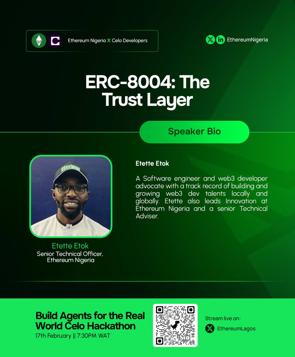 Topic: ERC-8004: The Trust Layer

💡 DEEP DIVE: 'If your Agent can’t be trusted, it can’t do business.'

<a href="/Em_Etok/">Etette Etok  🍂</a>  is live, dissecting ERC-8004. He’s explaining how to give your AI Agent a verifiable onchain identity and reputation. This is the missing piece for most builds—