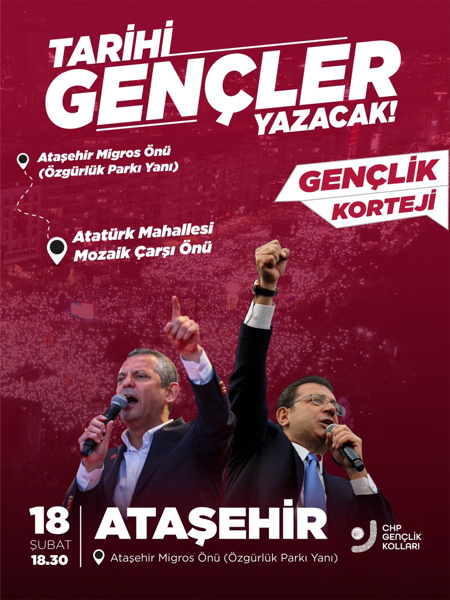Gençlik kortejinde buluşuyor, özgürlük için yürüyoruz.

📍Ataşehir Migros Önü (Özgürlük Parkı yanı)
📅 18 Şubat Çarşamba
🕣18.30