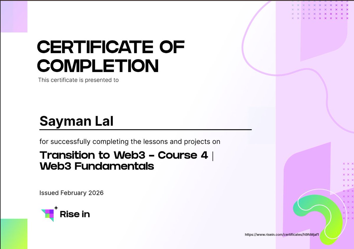 4️⃣ Web3 Fundamentals

Following up - <a href="/apna_coding/">Apna Coding</a> 
Finished Course 4 | Rise In

Solidified core Web3 concepts: dApps, protocols, crypto fundamentals. Fundamentals > hype.
#Web3 #Crypto #DeFi #BuildInPublic