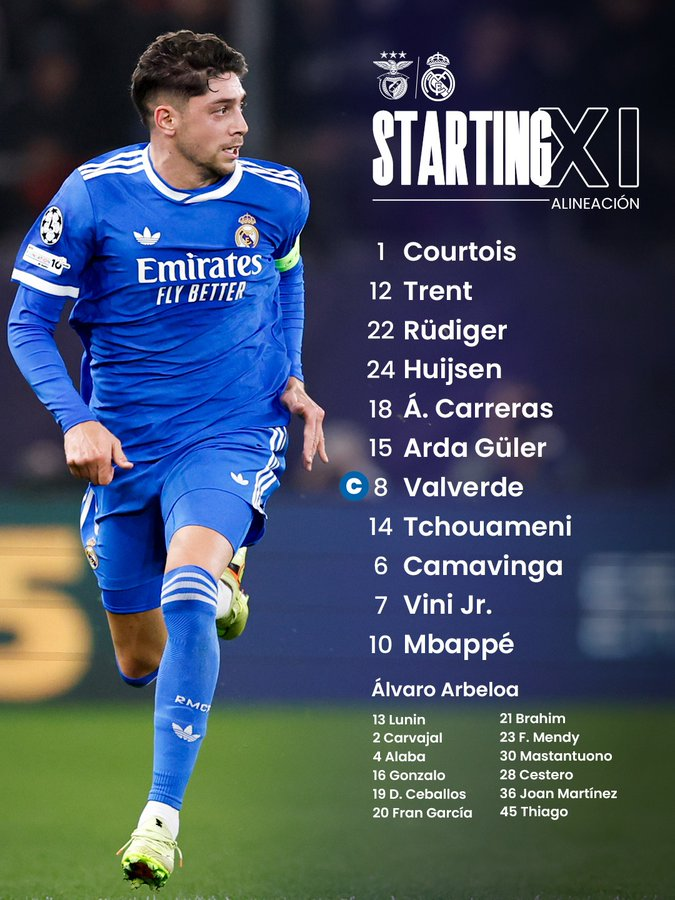 Deep_Echoes7's tweet photo. ✅ ¡Nuestro XI inicial!
The official lineup is out! Check out the starting XI for today’s big match. 🛡️⚽

📺 Watch the match live and find the broadcasting channels here: 👇 CLICK HERE TO WATCH LIVE /
https://t.co/up2MSQuLrq
 #SLBenfica #HalaMadridYNadaMas  #ChampionsLeague https://t.co/nTXLQnlugy