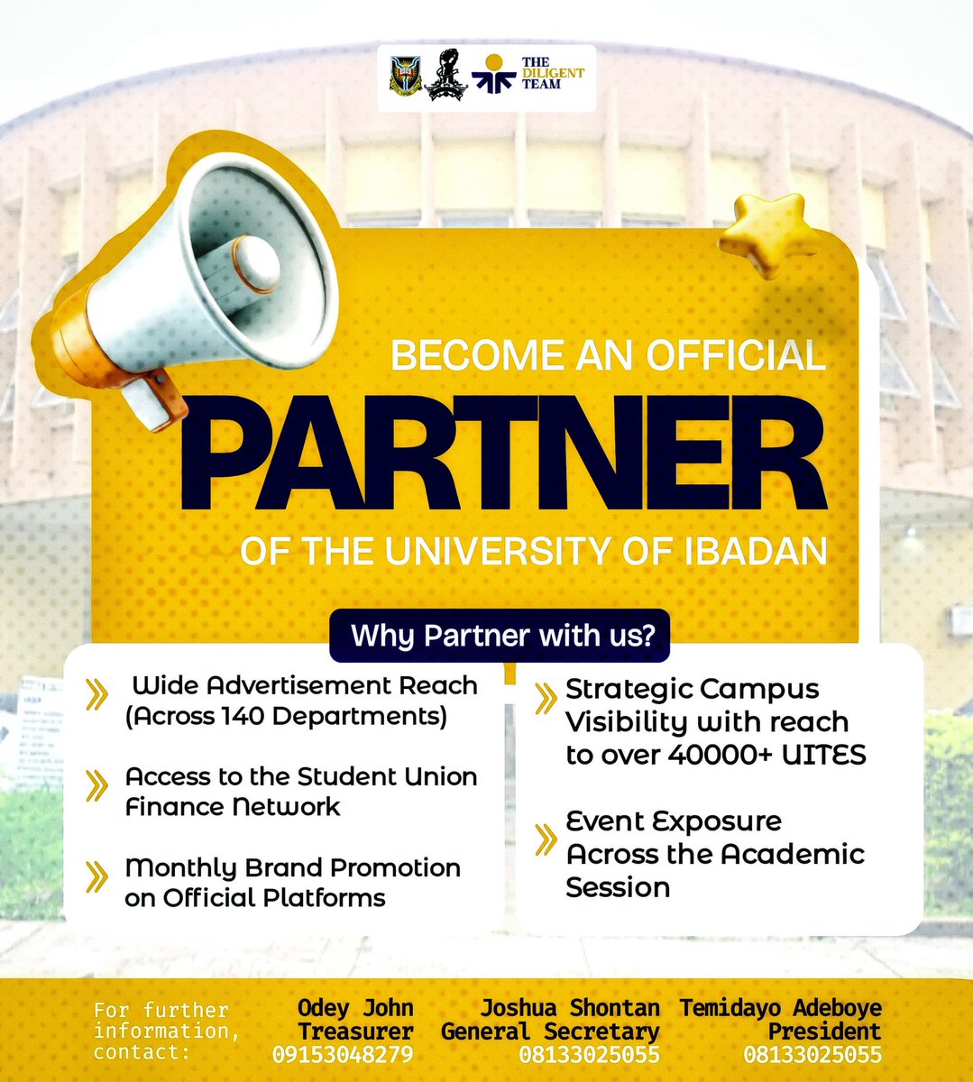 Official Partnership Opportunity: University of Ibadan Students' Union.

​The Diligent Team invites corporate brands and small businesses to become official partners of the UISU for the 2025/2026 session.

​We provide a direct bridge to over 40,000 students.