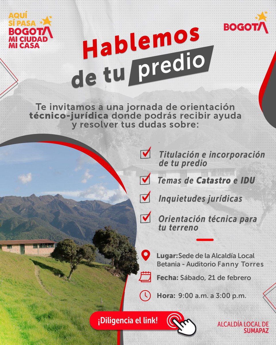 🏡🌿 Ya puedes resolver todas tus dudas sobre temas relacionados con tu predio.

Acércate, pregunta y recibe acompañamiento directo para tener mayor claridad sobre tu situación. Inscríbete aquí: forms.gle/1Kb3tVsqoRirqb…

¡Te esperamos!
#AquíSiPasa | Bogotá, mi ciudad, mi casa