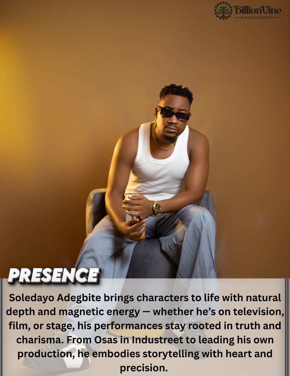 BVT_Management's tweet photo. Some actors fill roles. He fills rooms.
BillionVine Management presents Soledayo Adegbite @dayoslides  a talent you don’t discover, you experience.
Actor. Filmmaker. Force of nature.
This is momentum. This is mastery. This is BillionVine.
#BillionVineManagement #TalentUnveiled https://t.co/83pIKFLuX6