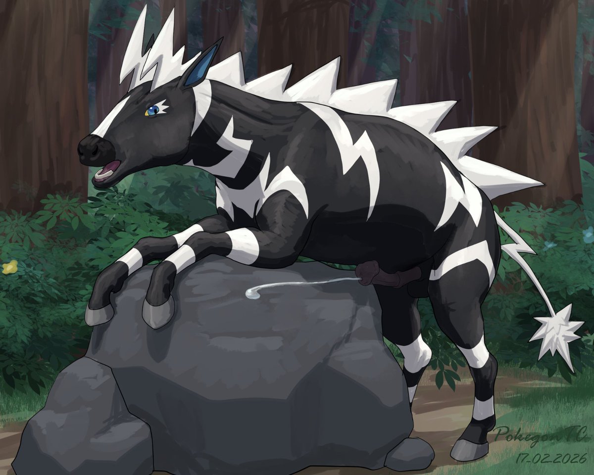 PokegonT's tweet photo. [Pokemon]
Some itching that this Zebstrika needed to get rid off on a rock.

Well, fitting for this one, so... Happy Year of the Horse! https://t.co/dc9HzTJzNg