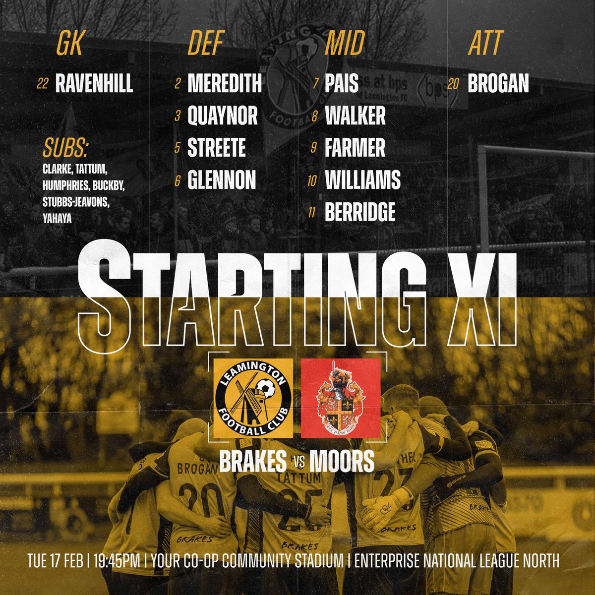 LeamingtonFC's tweet photo. Tonight's Lineup as we take on the Moors.
COME ON YOU BRAKES!!

#LEASPE https://t.co/bY1vwL3SvT