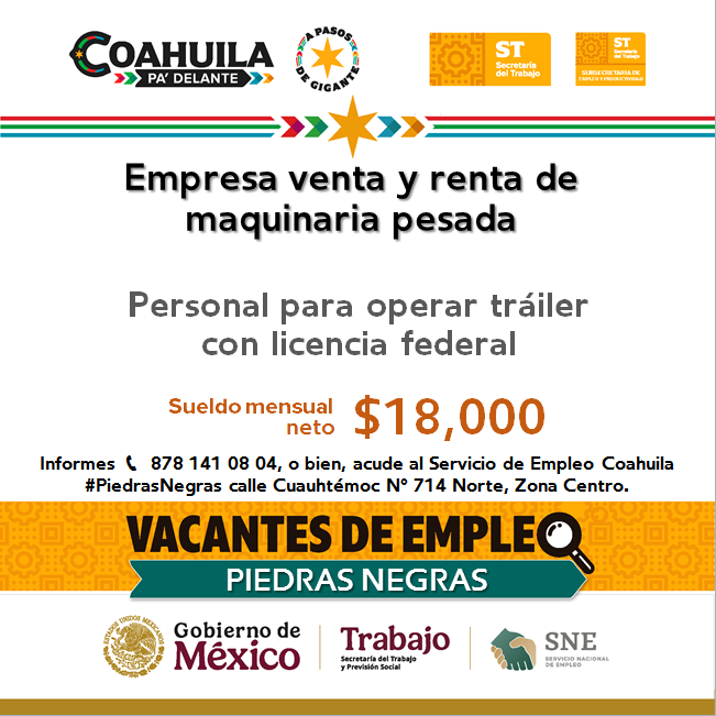 📢Vacante de empleo en #RegiónNorte  
#PiedrasNegras  

📌 Servicio de Empleo #PiedrasNegras
 📍 Dirección: Cuauhtémoc N° 714 Norte, Zona Centro
📞 Informes: 878 141 08 04

Contáctanos hoy mismo.  

#CoahuilaPaDelante #APasosDeGigante #SNEparaTodos