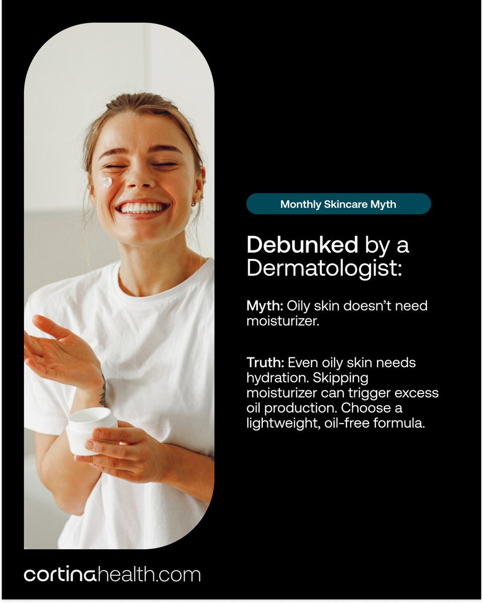 getcortina's tweet photo. Oily skin doesn’t need moisturizer? ❌

Skipping hydration can actually trigger more oil production. The key is a lightweight, oil-free formula that keeps skin balanced.

Not sure what’s right for your skin? Our dermatology team can help. https://t.co/upARBXIPVR