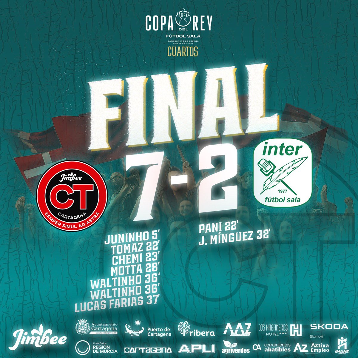 JIMBEE CARTAGENA 🔴🍈⚫️

El huracán <a href="/JimbeeCartagena/">Jimbee Cartagena Costa Cálida ❤️🤍</a> arrasa (7-2) a un indolente <a href="/InterMovistar/">Movistar Inter FS</a> para meterse en la Final Four de la Copa del Rey <a href="/FutSalRFEF/">Futsal RFEF</a>