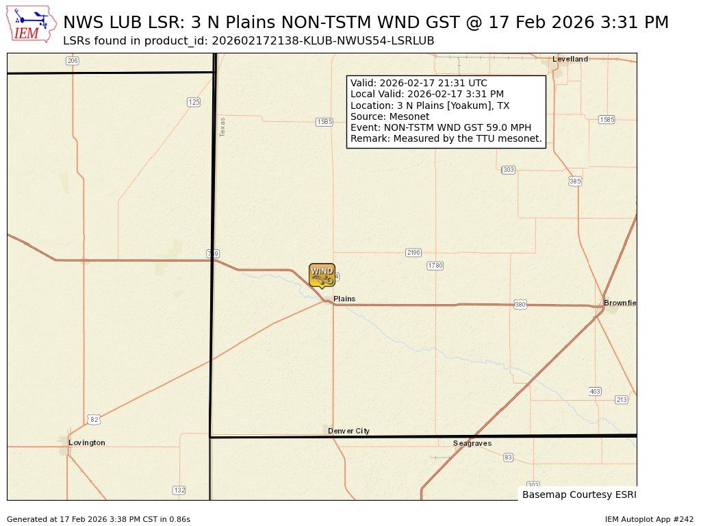 At 3:31 PM CST, 3 N Plains [Yoakum Co, TX] Mesonet reports Non-Tstm Wnd Gst of M59 MPH. Measured by the TTU mesonet. #txwx mesonet.agron.iastate.edu/lsr/?by=wfo&wf…