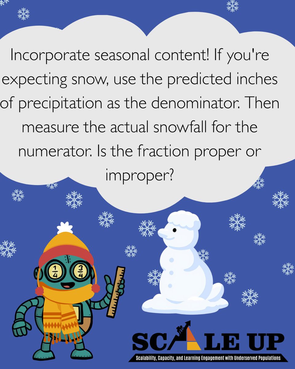 SCALEUP_FFO's tweet photo. Incorporate seasonal content! 

If you're expecting snow, use the predicted inches of precipitation as the denominator. Then measure the actual snowfall for the numerator. Is the fraction proper or improper? https://t.co/lHWUkOEKuy