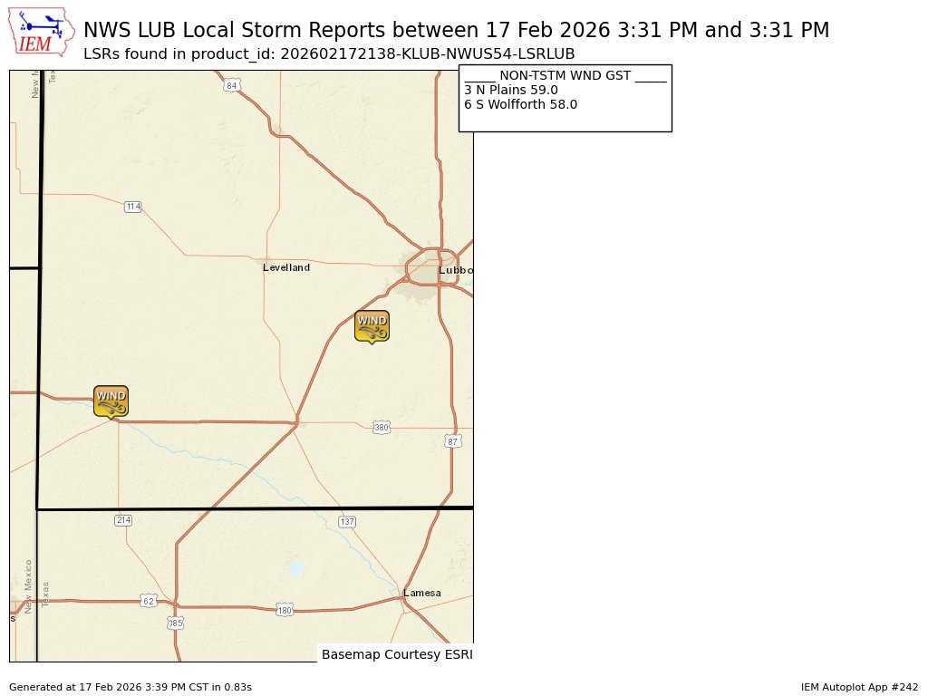 At 3:31 PM CST, 6 S Wolfforth [Lubbock Co, TX] Mesonet reports Non-Tstm Wnd Gst of M58 MPH. Measured by the TTU mesonet. #txwx mesonet.agron.iastate.edu/lsr/?by=wfo&wf…