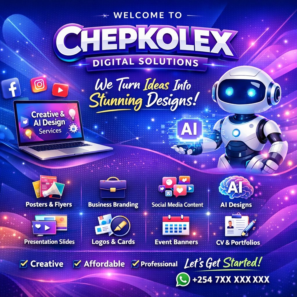 deanshox's tweet photo. Introducing CHEPKOLEX Digital Solutions 🚀
We help businesses &amp; individuals bring their ideas to life through:
✔️ Branding
✔️ Posters &amp; Flyers
✔️ Social Media Content
✔️ Logos
✔�� Presentation Slides
✔️ AI Designs
#Chepkolex #DigitalDesign #Branding #AIDesign https://t.co/lAH25cd5xp