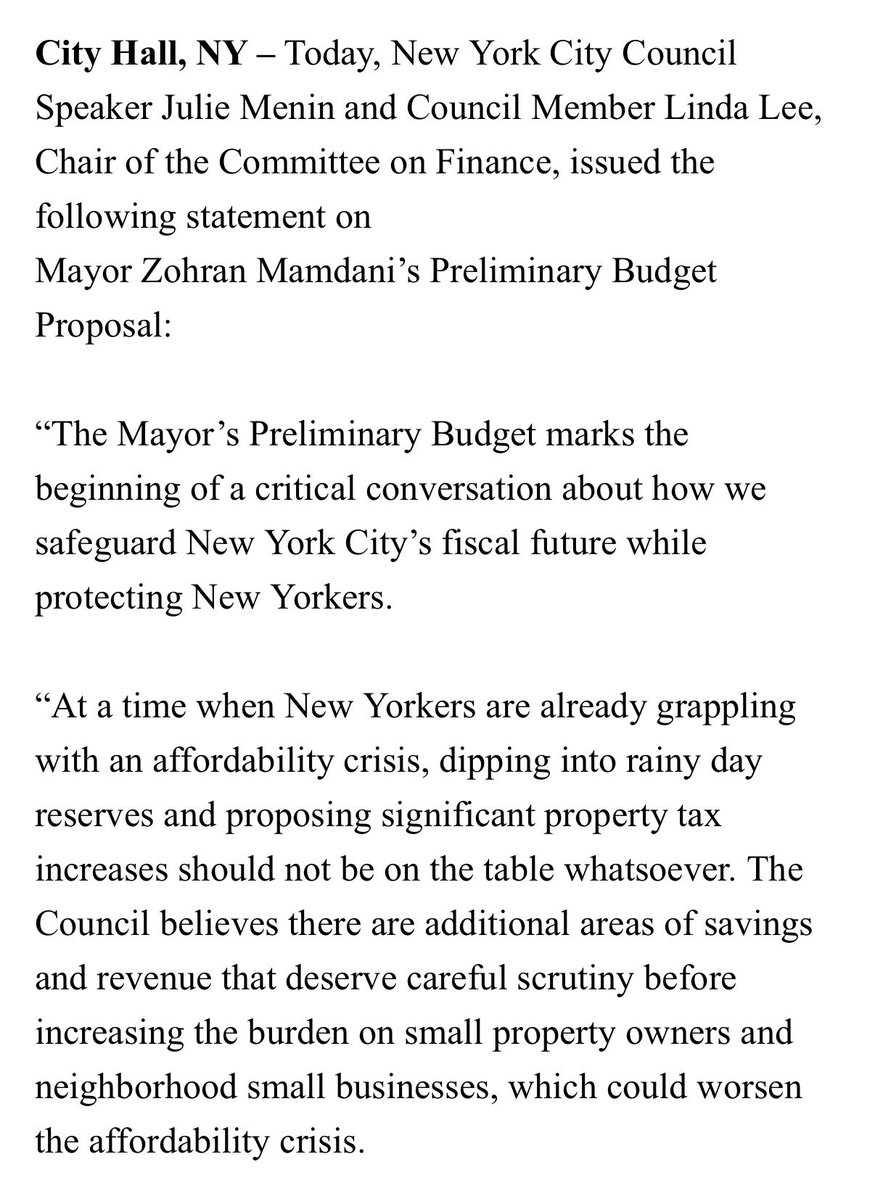 City Council Speaker Julie Menin and Council Finance Chair Linda Lee slam Mayor Zohran Mamdani's "last resort" proposals to increase NYC property taxes and dip into rainy funds, saying those ideas "should not be on the table whatsoever."