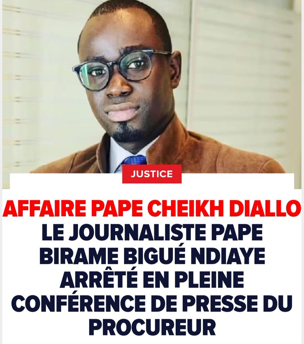amuyakar_Ndoy's tweet image. 🚨Nouveau rebondissement : Le journaliste #RTS Pape Birame Bigué Ndiaye a été arrêté par la gendarmerie de Keur Massar en pleine conférence de presse du procureur. Interpellation liée à l'affaire Pape Cheikh Diallo fait suite à une délégation judiciaire.🤯

​Source #seneweb_com