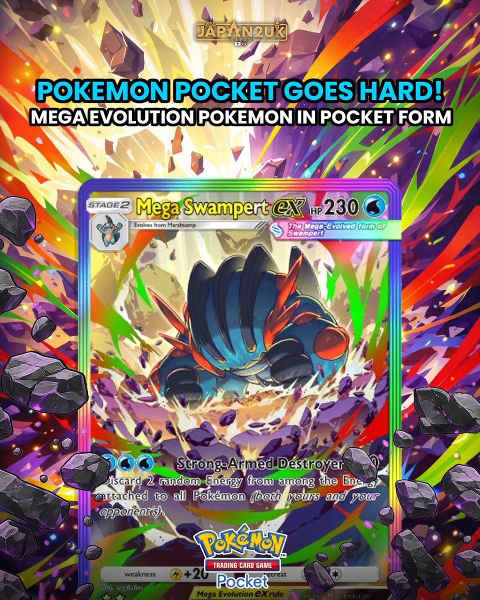japan2uk's tweet image. Never really been a Swampert fan…. But this Mega Swampert from Pokemon Pocket is another level of stomp!

Absolutely awesome design… Still waiting for a Pokemon Pocket special set to come out IRL!

It’ll happen one day, just you watch 👀 

#Pokemon #MegaEvolution #PokemonCard
