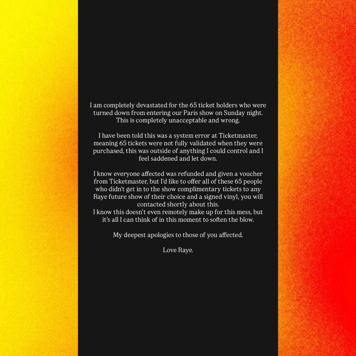 PopCrave's tweet photo. RAYE offered complimentary tickets to any of her shows, along with a signed vinyl, after some fans were unable to attend her Paris show due to invalidated tickets. https://t.co/Ap88pKH4Ma