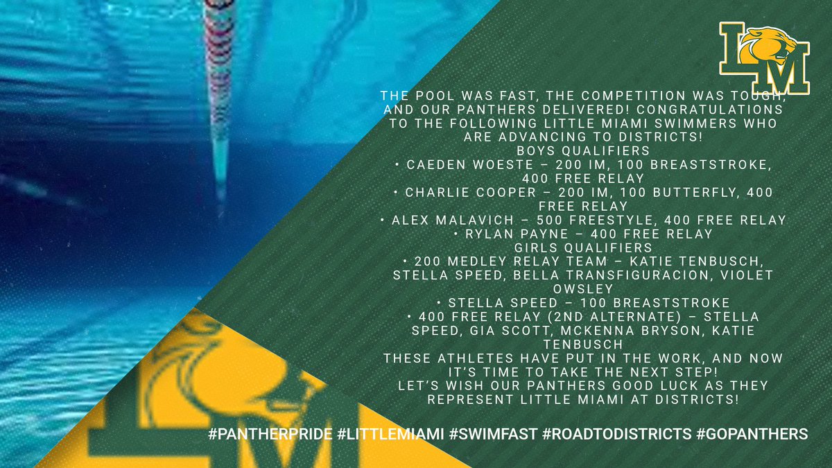 LM_Athletics's tweet photo. Congratulations to our Little Miami swimmers advancing to Districts! The hard work paid off! Let's go Panthers! https://t.co/batooTCQaa