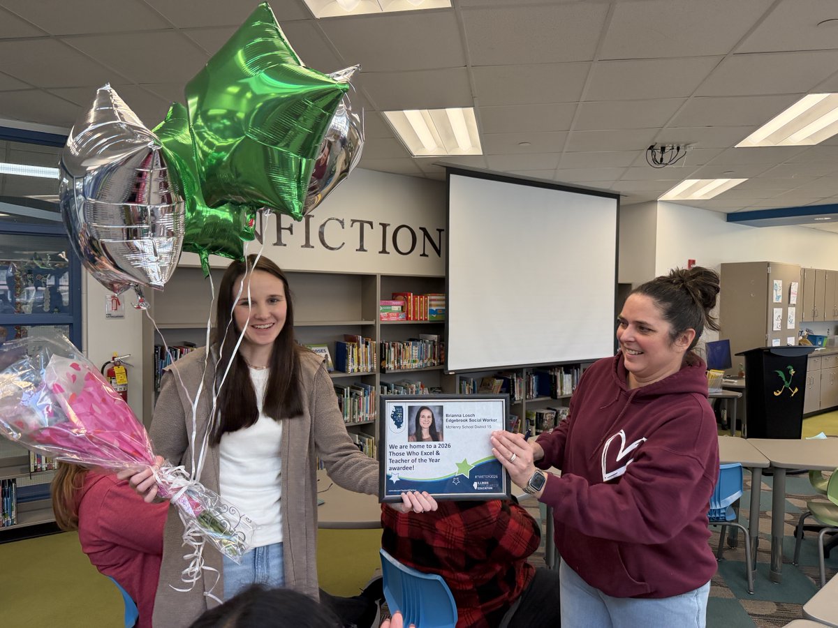 On Friday, we were able to celebrate our social worker, Mrs. Losch.  Mrs. Losch was recognized as a 2026 Those Who Excel in Illinois.  We are lucky to have such a caring social worker!  #ebroadrunner #d15rocks