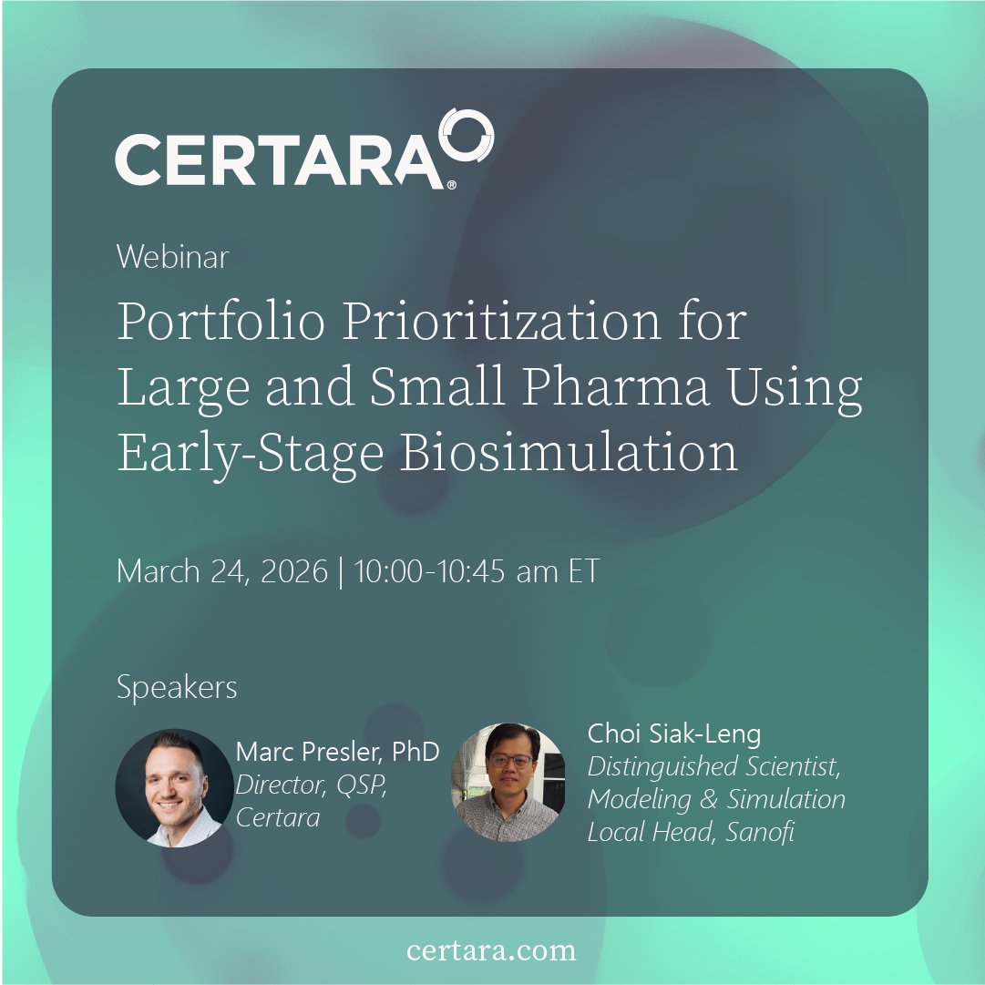 Certara's tweet photo. Are you investing in the right assets—or uncovering risks too late?

Join our March 24 webinar to see how early-stage biosimulation enables smarter portfolio prioritization before major spend.

Register: https://t.co/mi97s3jZM9

#DrugDiscovery #QSP #Biosimulation https://t.co/QxfMoY1Y5w