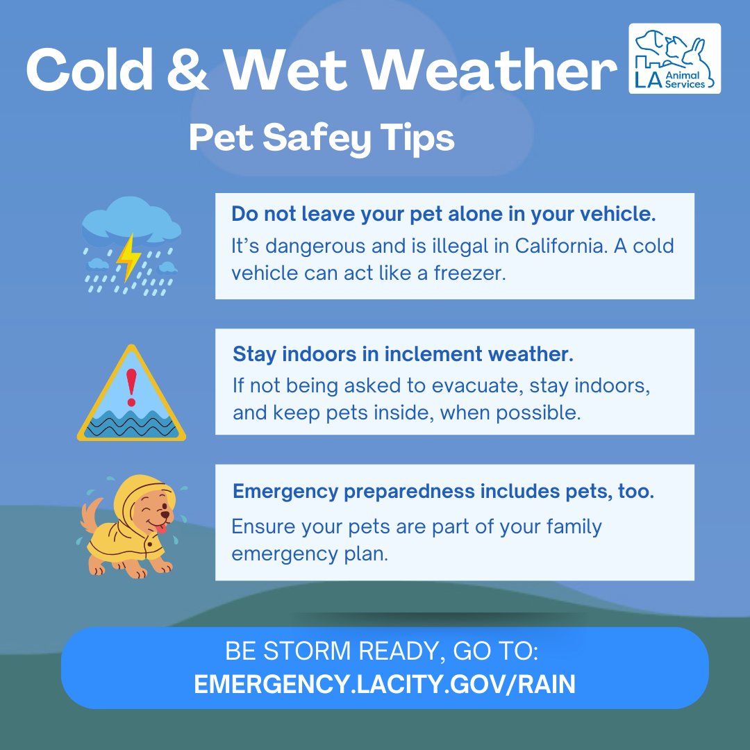 LACityPets's tweet photo. LA Animal Services reminds pet owners that being prepared and ready will help you, your family, and your pets stay safe in an emergency. Visit https://t.co/5eogbBlP6G for more information #LACityPets #Alert #BeStormReady https://t.co/pwatzQbvEH