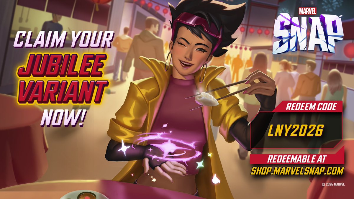 MARVELSNAP's tweet photo. 🎆 Ring in the Lunar New Year with a spark of luck!

Celebrate with a special Jubilee Variant.

🧧 Redeem with code: LNY2026
🌐 On the Web Shop: https://t.co/s5SxsYg0Wy https://t.co/ONzrITbw99
