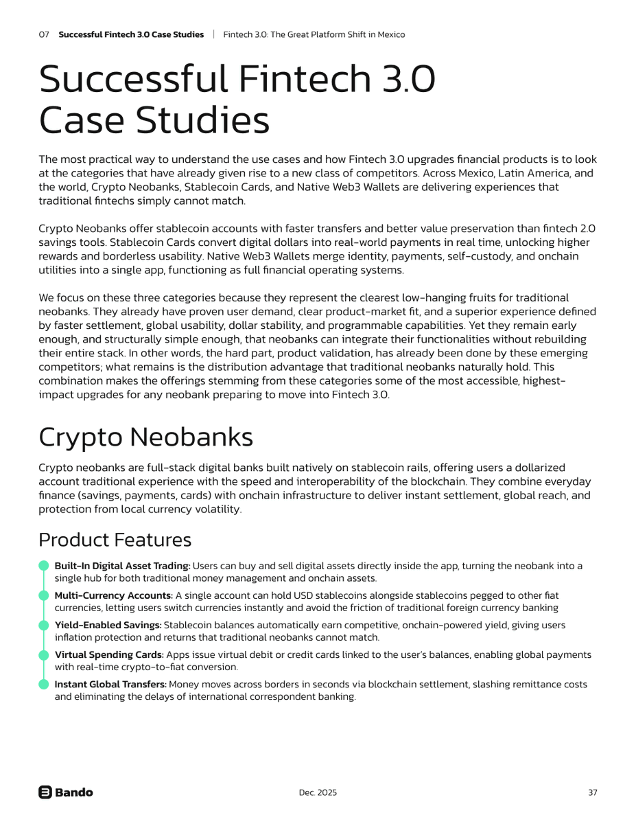 BandoCool's tweet image. The most practical way to understand how Fintech 3.0 upgrades financial products is to look at the categories that have already given rise to a new class of competitors. 

Crypto Neobanks, Stablecoin Cards, and Native Web3 Wallets are delivering experiences that traditional